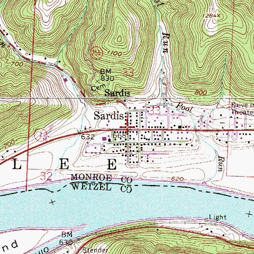 Topographic Map of Sardis, OH