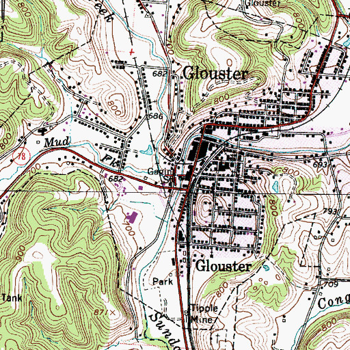 Topographic Map of West Branch Sunday Creek, OH