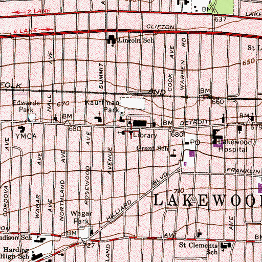 Topographic Map of Lakewood Public Library, OH