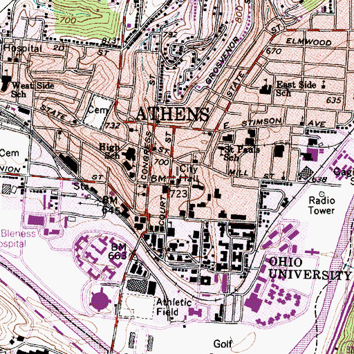 Topographic Map of Athens City Hall, OH