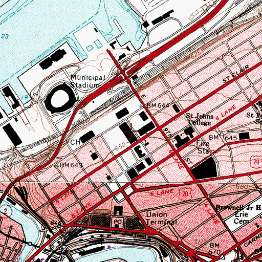 Topographic Map of Cleveland Public Hall, OH