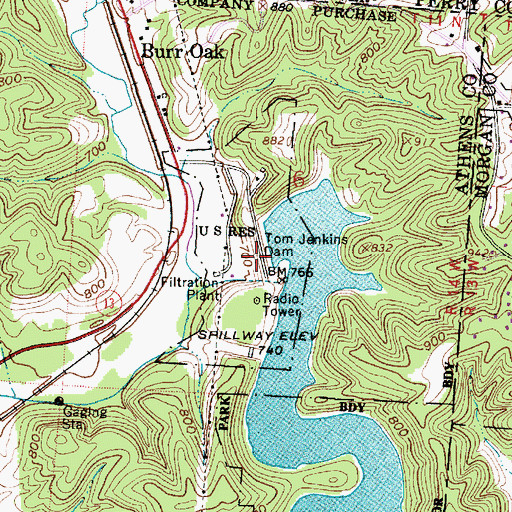 Topographic Map of Tom Jenkins Dam, OH