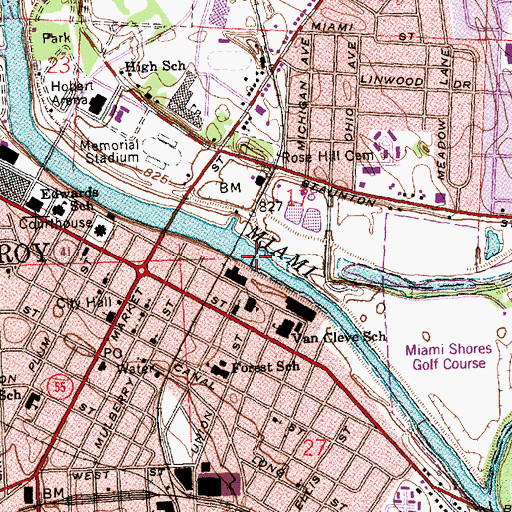 Topographic Map of Troy Low Head Dam, OH