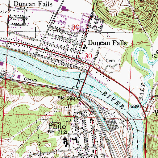 Topographic Map of Muskingum River Lock and Dam Number Nine, OH