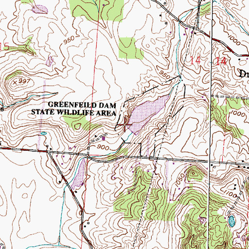Topographic Map of Greenfield Lake Dam, OH