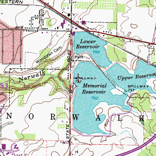Topographic Map of Norwalk Memorial Reservoir Dam, OH