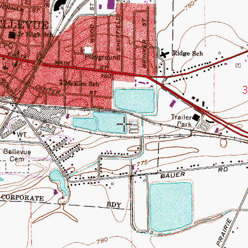 Topographic Map of Bellevue Upground Reservoir Number One Dam, OH