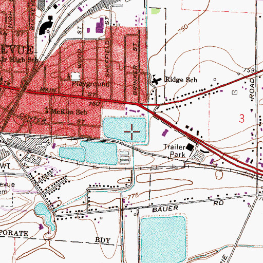 Topographic Map of Bellevue Reservoir Number Three Dam, OH