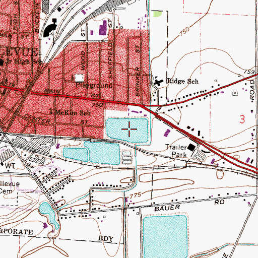 Topographic Map of Bellevue Upground Reservoir Number Three, OH