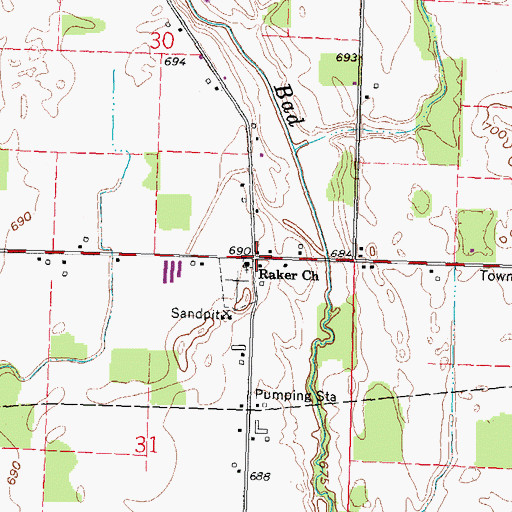 Topographic Map of Raker Corners, OH