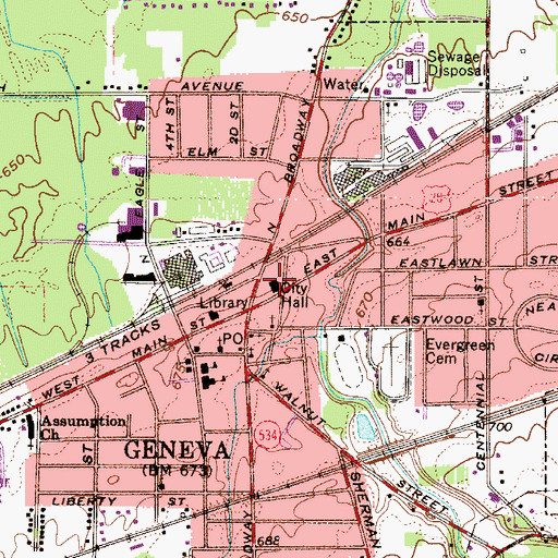 Topographic Map of Geneva City Hall, OH