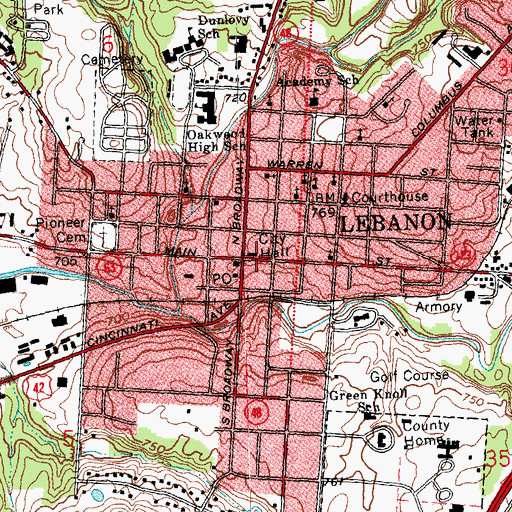 Topographic Map of Lebanon City Hall, OH