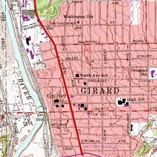 Topographic Map of Girard Free Public Library, OH