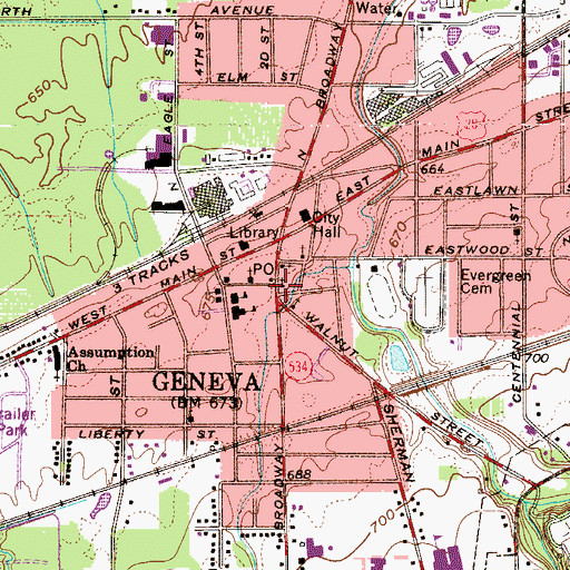 Topographic Map of Geneva First United Methodist Church, OH