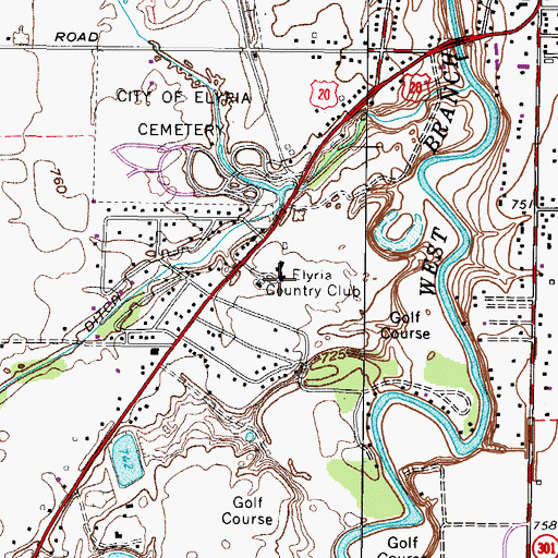 Topographic Map of Elyria Country Club, OH