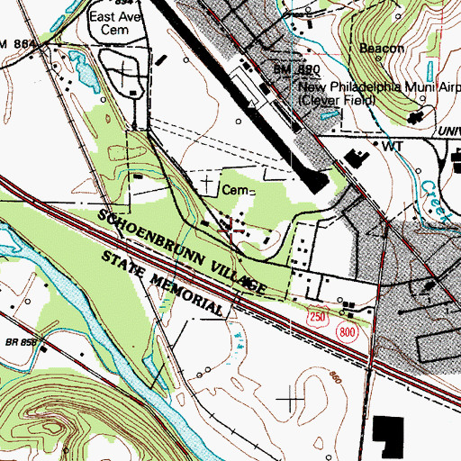 Topographic Map of Schoenbrunn Village State Memorial, OH