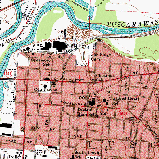 Topographic Map of First Baptist Church of Coshocton, OH