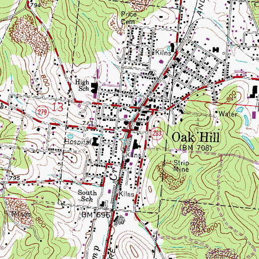 Topographic Map of Oak Hill, OH