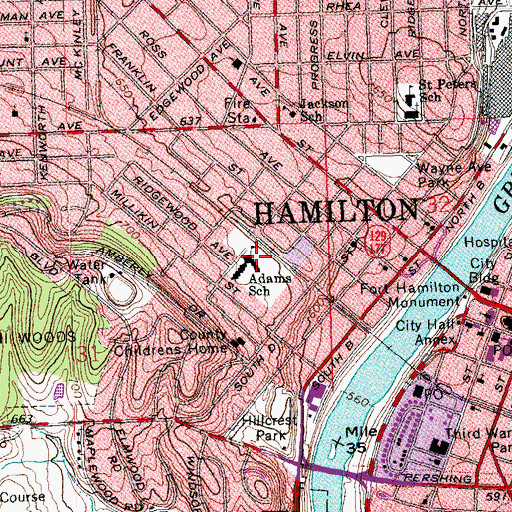 Topographic Map of Adams Elementary School, OH