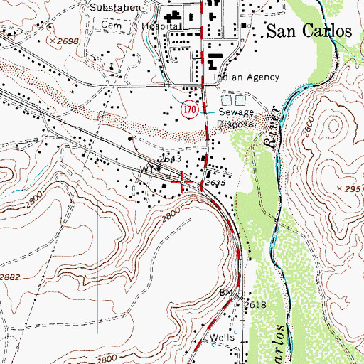 Topographic Map of San Carlos, AZ