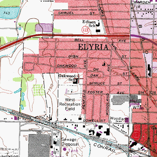 Topographic Map of Oakwood Elementary School, OH