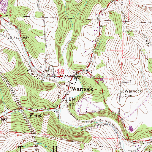 Topographic Map of Warnock, OH