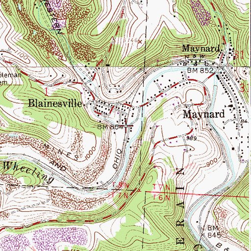 Topographic Map of Wheeling Valley, OH