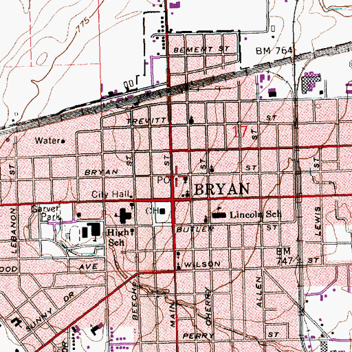 Topographic Map of Bryan Post Office, OH