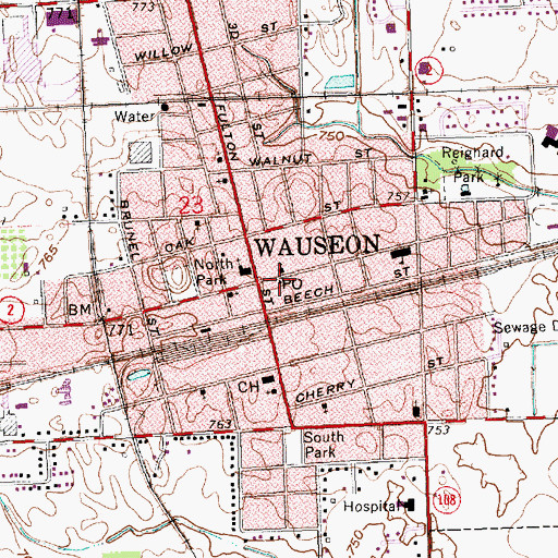 Topographic Map of Wauseon Post Office, OH