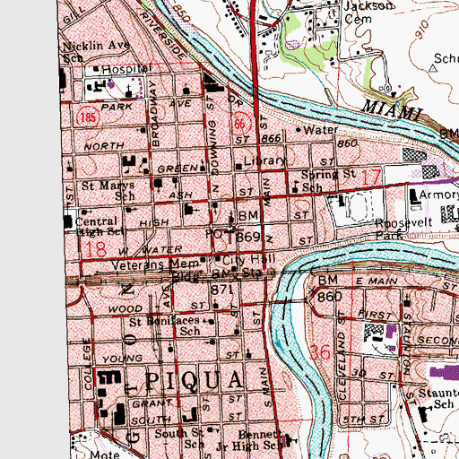 Topographic Map of Piqua Post Office, OH