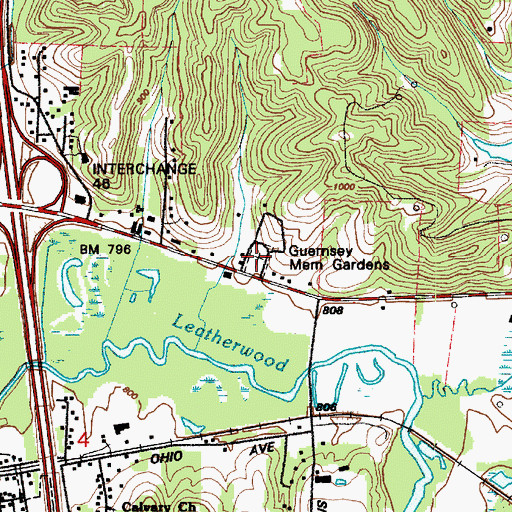 Topographic Map of Guernsey Memorial Gardens, OH