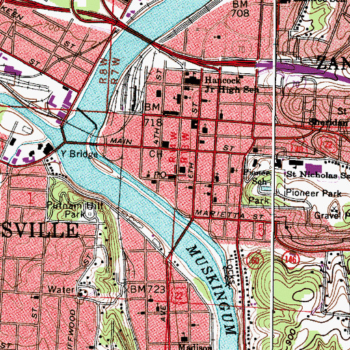 Topographic Map of Zanesville Post Office, OH