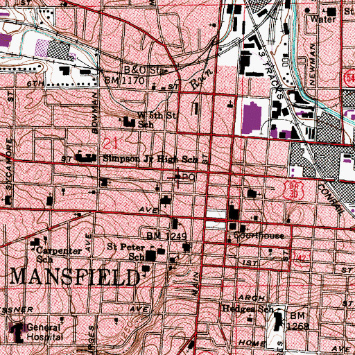 Topographic Map of Mansfield Post Office, OH