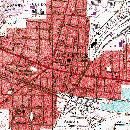 Topographic Map of Bellevue Post Office, OH