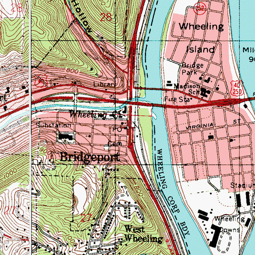 Topographic Map of Bridgeport Post Office, OH