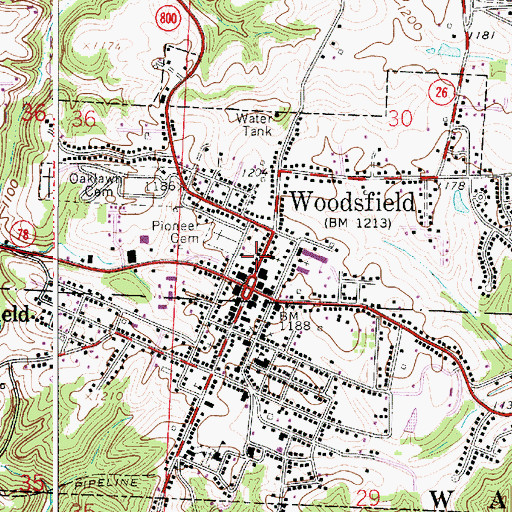 Topographic Map of Woodsfield Post Office, OH