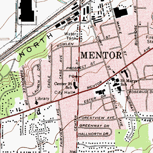 Topographic Map of Mentor Post Office, OH