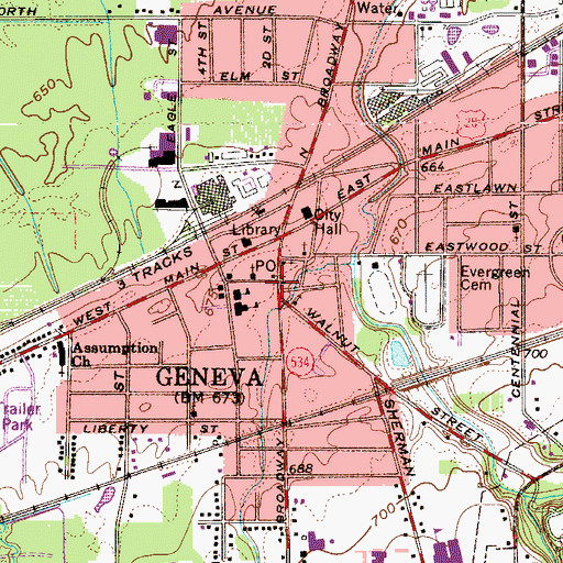 Topographic Map of Geneva Post Office, OH