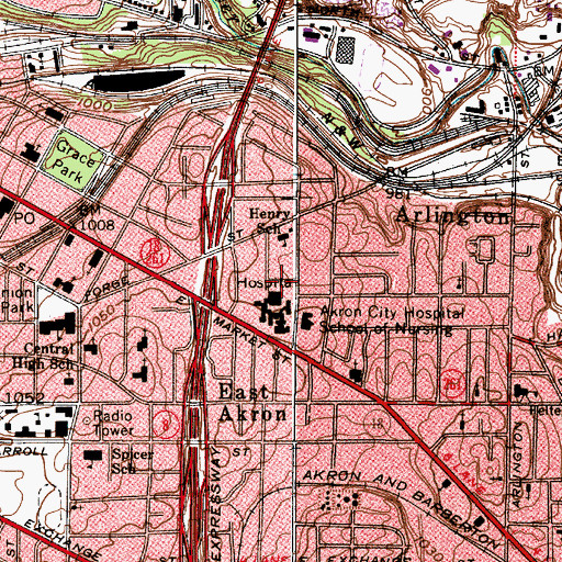 Topographic Map of Akron City Hospital Heliport, OH