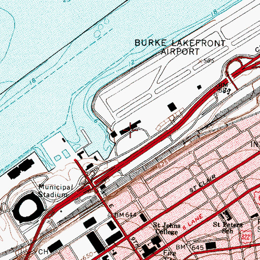 Topographic Map of Burke Lakefront Airport, OH