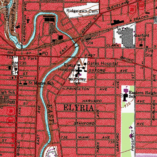 Topographic Map of Elyria Memorial Hospital Heliport, OH