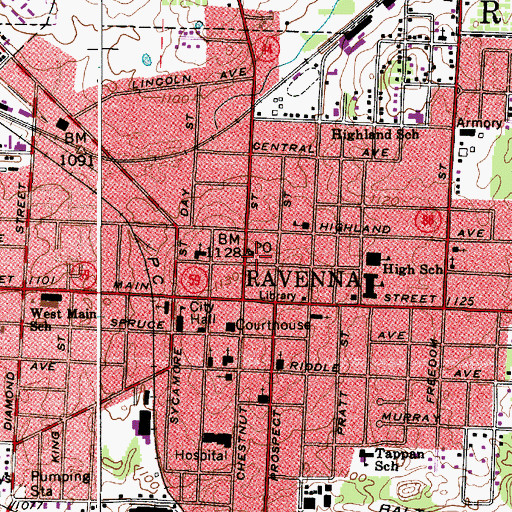 Topographic Map of Ravenna Post Office, OH