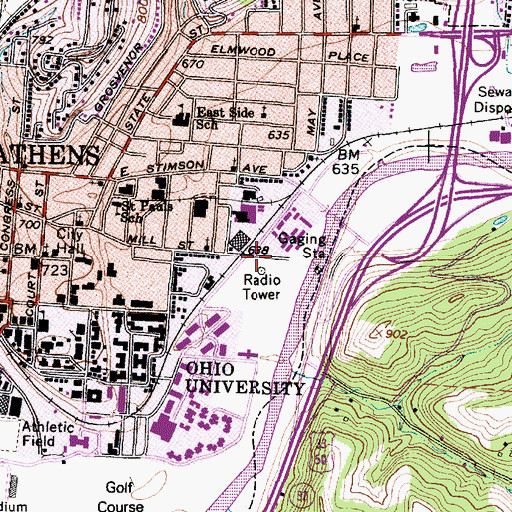 Topographic Map of WOUB-AM (Athens), OH