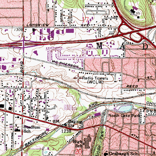 Topographic Map of WMAN-AM (Mansfield), OH