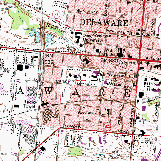 Topographic Map of WSLN-FM (Delaware), OH