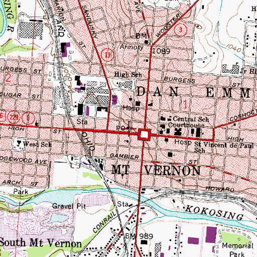 Topographic Map of Mount Vernon Post Office, OH