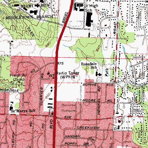 Topographic Map of WPFB-AM (Middletown), OH