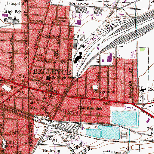 Topographic Map of WGOR-FM (Bellevue), OH
