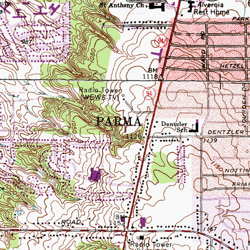 Topographic Map of WGAR-FM (Cleveland), OH