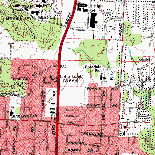 Topographic Map of WPBF-FM (Middletown), OH